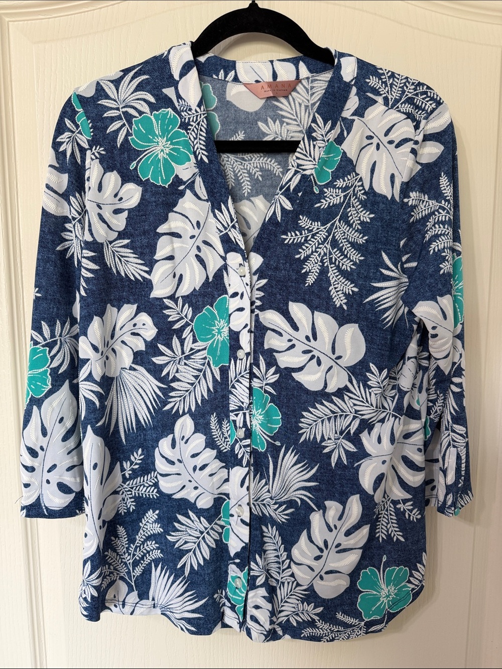 Navy Floral Button-Down Shirt with Teal Accents